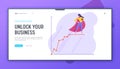 Financial Profit Statistic Diagram Website Landing Page, Confident Business Woman in Red Super Hero Cloak