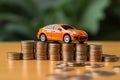 Financial protection Coins, piggy bank, and auto model signify insurance