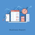 Financial report, business results, inspection research planning analysis audit calculation. Laptop, documents, graphics charts Royalty Free Stock Photo