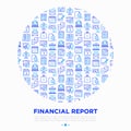 Financial report in circle thin line icons: bank, financial analytics, calculate, signature, email, presentation, bank check, Royalty Free Stock Photo