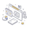 Financial report illustration with isometric line art elements and data visualization components Royalty Free Stock Photo