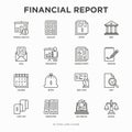 Financial report thin line icons set: bank, financial analytics, calculate, signature, email, presentation, bank check, audit,
