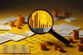 Financial report on yellow backdrop with growth focused graphs, arrows, and magnifier