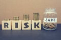 Financial risk assessment, risk reward and portfolio risk management concept. Four wooden cubes with the letters R, I, S, K on the