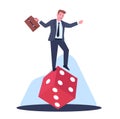 Financial risk. Businessman tries to stand on dice. Fortune gaming. Casino gambling addiction. Office worker balancing