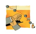Financial risks. Falling stock indices. A man in a suit checks his hand with a pulse. Medicines and tablets on the table