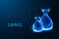 Financial savings concept with bags of money symbols in futuristic glowing style on dark blue