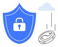 Financial Security Concept Featuring Shield with Lock and Falling Coin Royalty Free Stock Photo