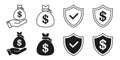 Financial security icon set featuring a money bag in a hand, checkmark shield for financial protection, dollar icon on shield Royalty Free Stock Photo