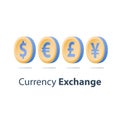 Financial services, currency exchange concept, dollar, euro, pound and yen coins