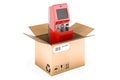 Financial services kiosk inside cardboard box, delivery concept. 3D rendering Royalty Free Stock Photo