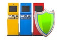 Financial services kiosks with shield, 3D rendering Royalty Free Stock Photo