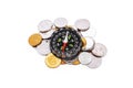 Financial silver and gold coin money dividend interest invest with black compass on white background