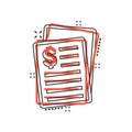 Financial statement icon in comic style. Document cartoon vector illustration on white isolated background. Report splash effect