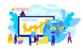 Financial stock market concept, vector illustration. Exchange trader desk, people monitoring, forecasting financial