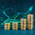 Financial stock market graph and rows of coins growth, abstract and symbol for finance concept, business investment and currency Royalty Free Stock Photo