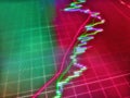 Financial stock market numbers and city light reflection. Closeup financial chart with uptrend line candlestick graph in stock Royalty Free Stock Photo