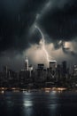 Financial Storm: City Skyline during Bank Run with Thunder and Lightning