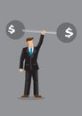 Cartoon man lifts barbell with money sign