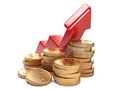 Financial success concept. Red arrow up and coins Royalty Free Stock Photo