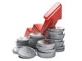 Financial success concept. Red arrow up and silver coins