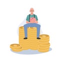 Financial Success. Happy Elderly man Holding Piggy Bank Sitting on Coin Stack. Flat vector cartoon illustration