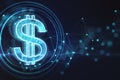 Financial technology concept with digital blue dollar icon on abstract dark background with blurry dots. Royalty Free Stock Photo