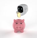 Financial technology concept with small robot with piggy bank