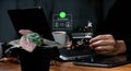 Financial technology concepts include digital banking, internet payments, and online commerce. Using her phone to pay for online