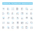 Financial technology innovations linear icons set. Cryptocurrency, Blockchain, Digital wallets, Peer-to-peer lending