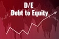 Financial term D/E Debt to Equity on red finance background from graphs, charts. Trend Up and Down. 3D render