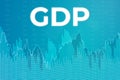 Financial term GDP - Gross domestic product on blue finance background from graphs, charts. Trend Up and Down. 3D render