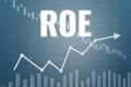 Financial term ROE - Return on Equity on blue finance background from graphs, charts. Trend Up and Down. 3D render