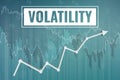 Financial term Volatility payrolls on blue finance background from graphs, charts, columns, bars, numbers. Trend Up and Down. 3D