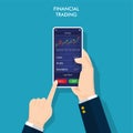 Financial trading on apps concept design. Hands holding smartphone to invest online. Buy and sell indicators on the candlestick Royalty Free Stock Photo