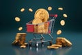 Financial transactions visualized shopping cart and golden coin rendering