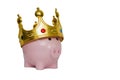 Financial winner or king of money savings concept, pink piggy bank wearing a golden crown on top on white background, best future Royalty Free Stock Photo