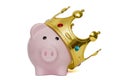 Financial winner or king of money savings concept, pink piggy bank wearing a golden crown on top on white background, best future Royalty Free Stock Photo