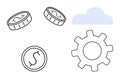 Financial Workflow with Coins, Gear, and Cloud Elements Representing Digital Economy Royalty Free Stock Photo