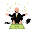 Financial yoga. Businessman meditating on money. Man sitting on