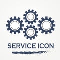 Service icon. This isolated flat gear symbol uses modern corporation black and blue colors.