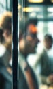 Financier, office workers behind glass, blurred background, perfect lighting, high detail