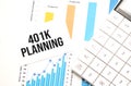 financing availabe text concept. Office workplace table with calculator, graphs, reports and the text 401K Planning on a small