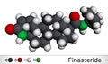 Finasteride molecule. It is used to treat symptoms of benign prostatic hypertrophy and male pattern baldness. Molecular model. 3D