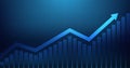 Widescreen Abstract financial graph with uptrend line arrow and bar chart of stock market on blue color background Royalty Free Stock Photo