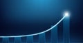 Widescreen Abstract financial graph with uptrend line arrow and bar chart of stock market on blue color background Royalty Free Stock Photo