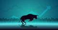 Widescreen Abstract financial chart with uptrend line graph arrow and walking bull icon in stock market on blue color background