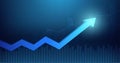 Widescreen Abstract financial graph with uptrend line arrow and bar chart of stock market on blue color background Royalty Free Stock Photo