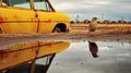 Post-apocalyptic Bird Reflections: A Stunning Scene With A Yellow Car