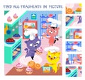 Find all fragments. Game for children. Cute kittens are cooking in kitchen. Cute cartoon character. Vector illustration. Royalty Free Stock Photo